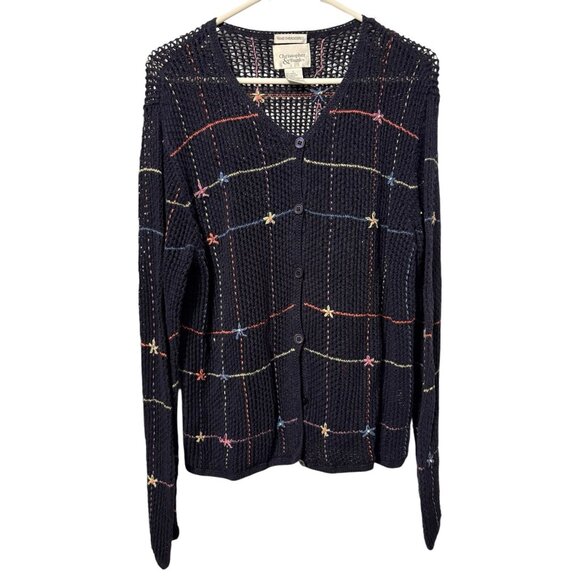 Y2K Christopher & Banks Hand Embroidered Blue Cardigan Size L Button Sweater - Picture 1 of 5